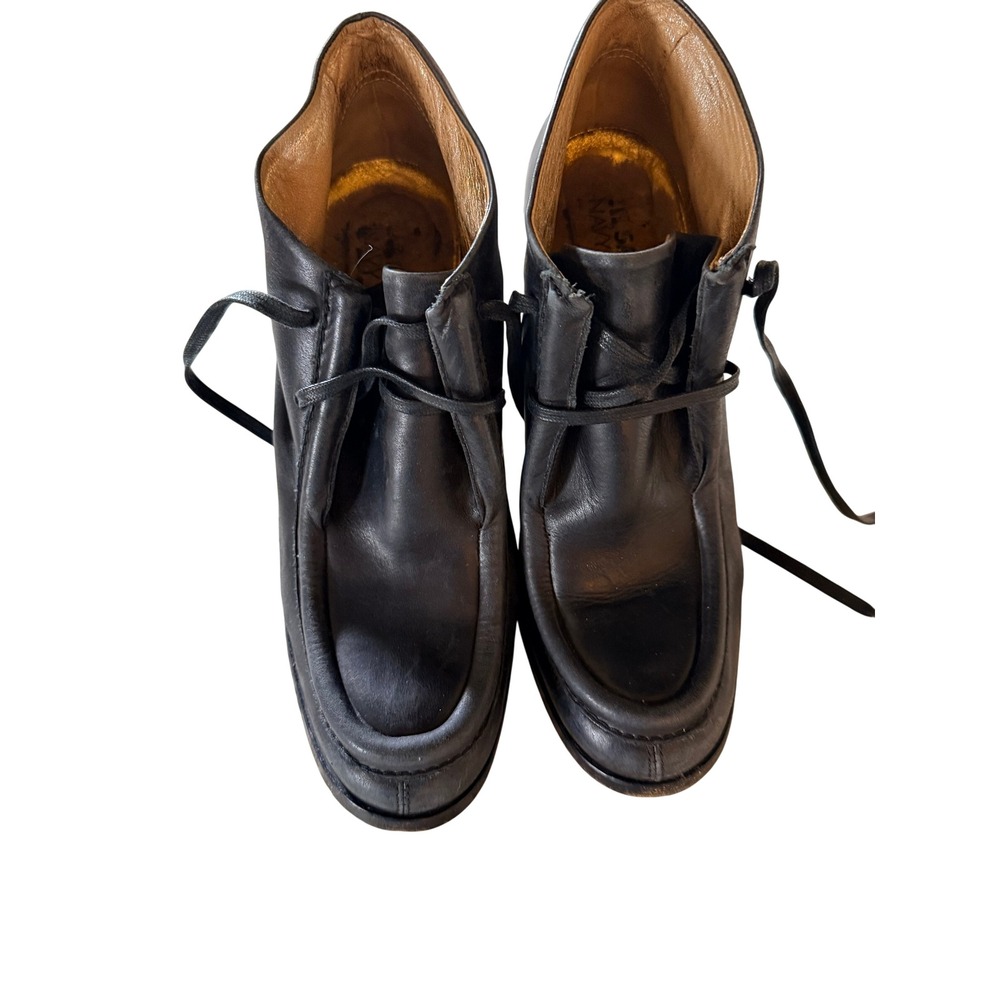 Jil Sander Navy Black Leather Moc Toe Block Heel Ankle Boots Size 36 Italy